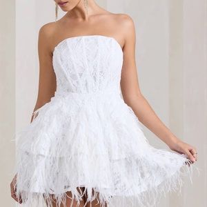 White Sequin Lace Strapless Mini Dress With Feathers